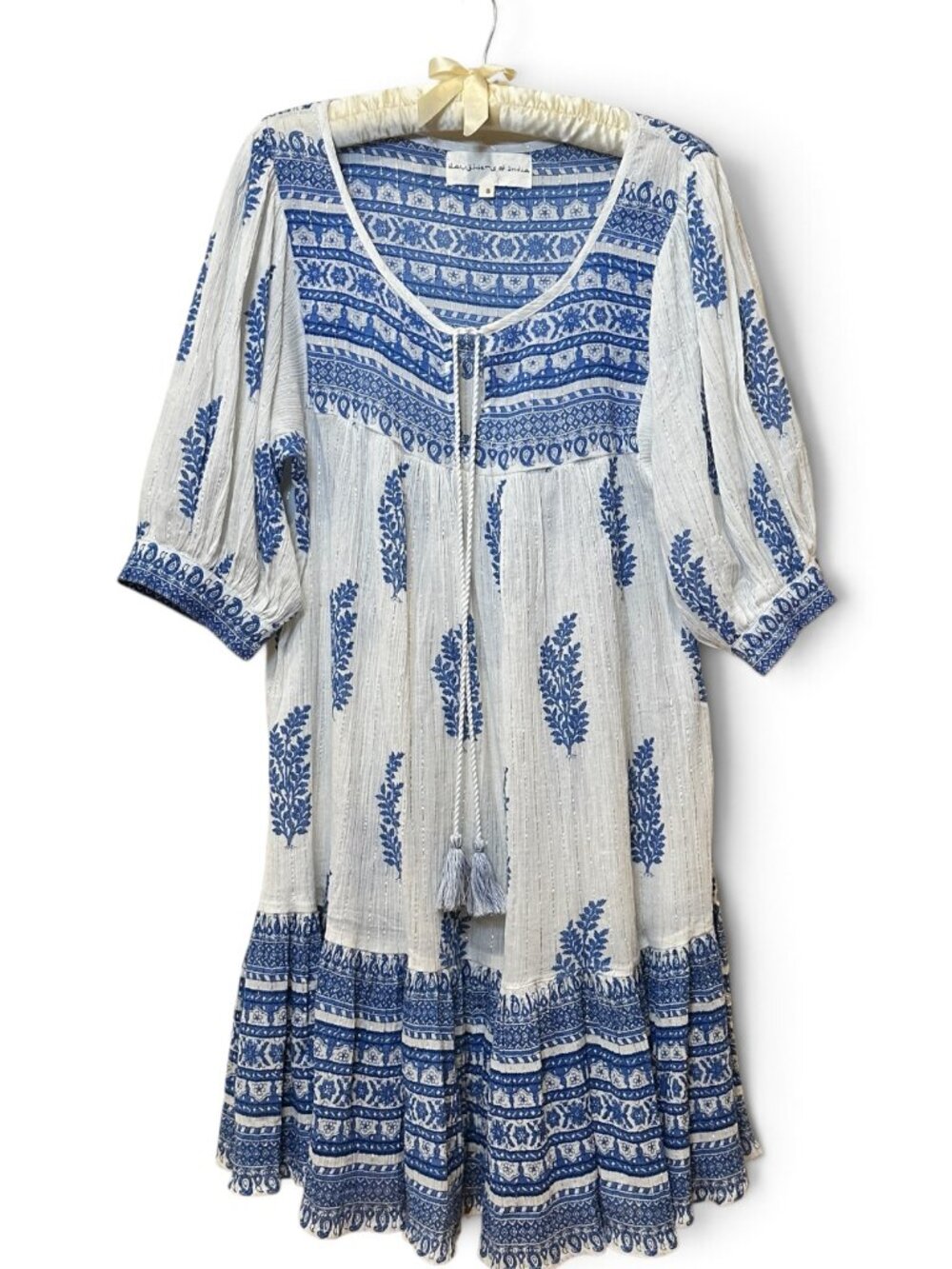 Daughters of India Blue & White Mishka Dress Gauzy Metallic Size Small Flowy